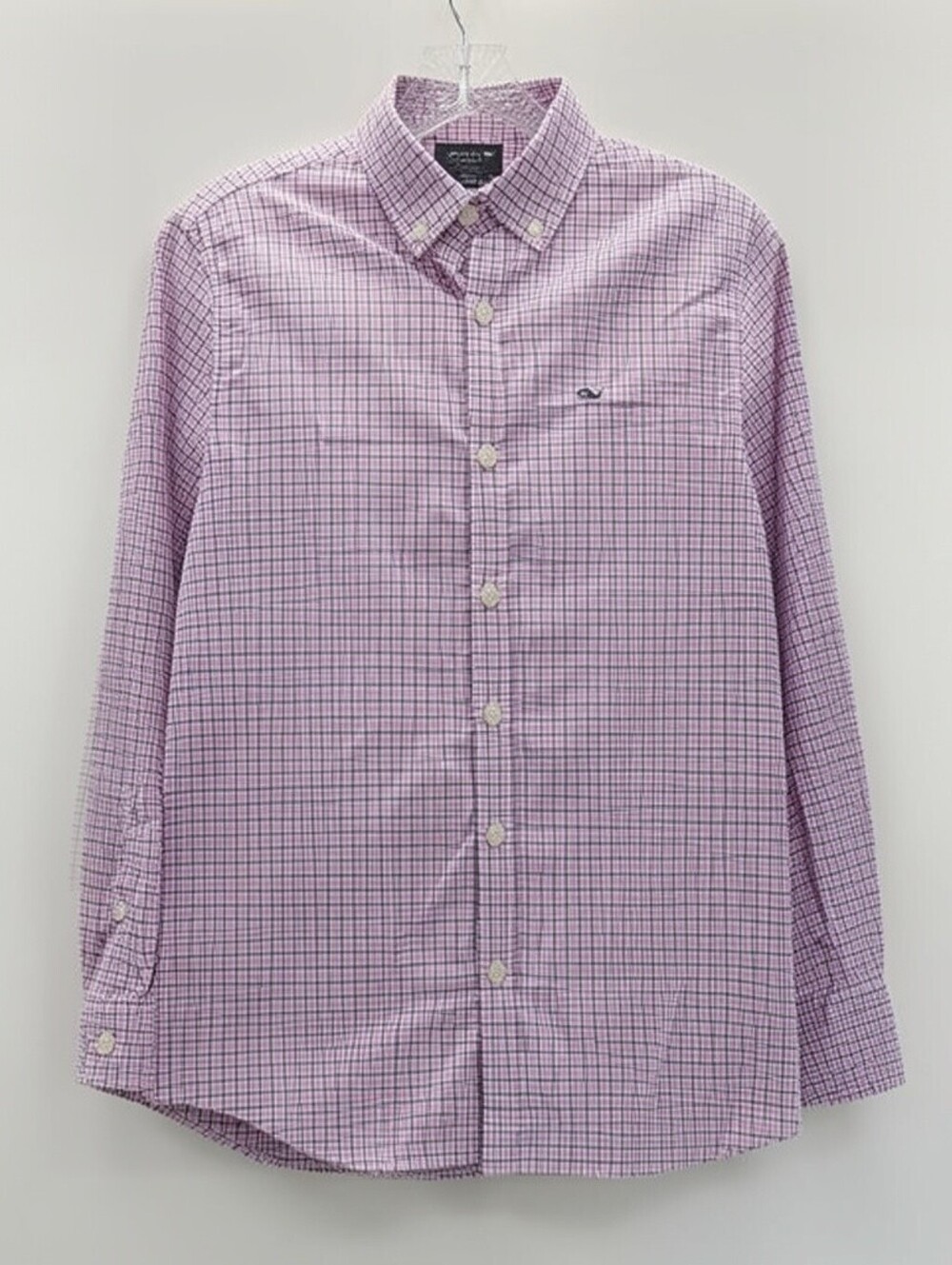 Vineyard Vines Boys Whale Shirt Button Down Plaid Pink/Black Medium (12-14)